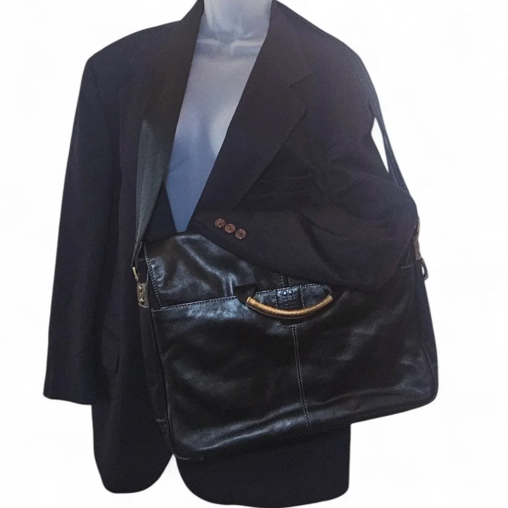 Boconi Black Leather Messenger Bag Briefcase Crossbody Laptop Satchel Work Bag